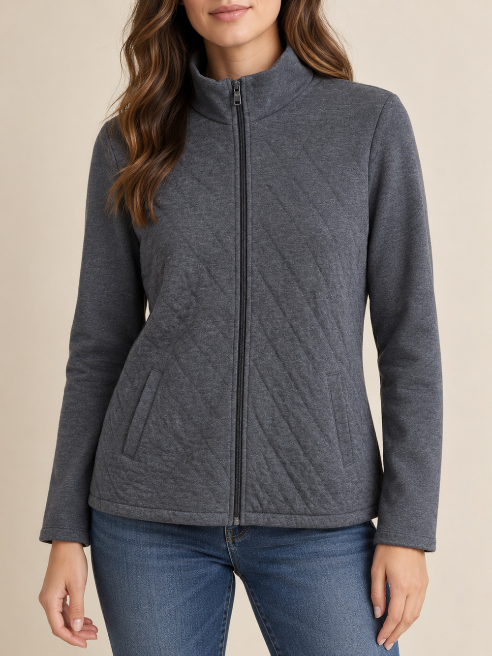 Talbots Quilted Jacket Womens M Dark Gray Soft Knit Cotton Pockets Zip Insulated